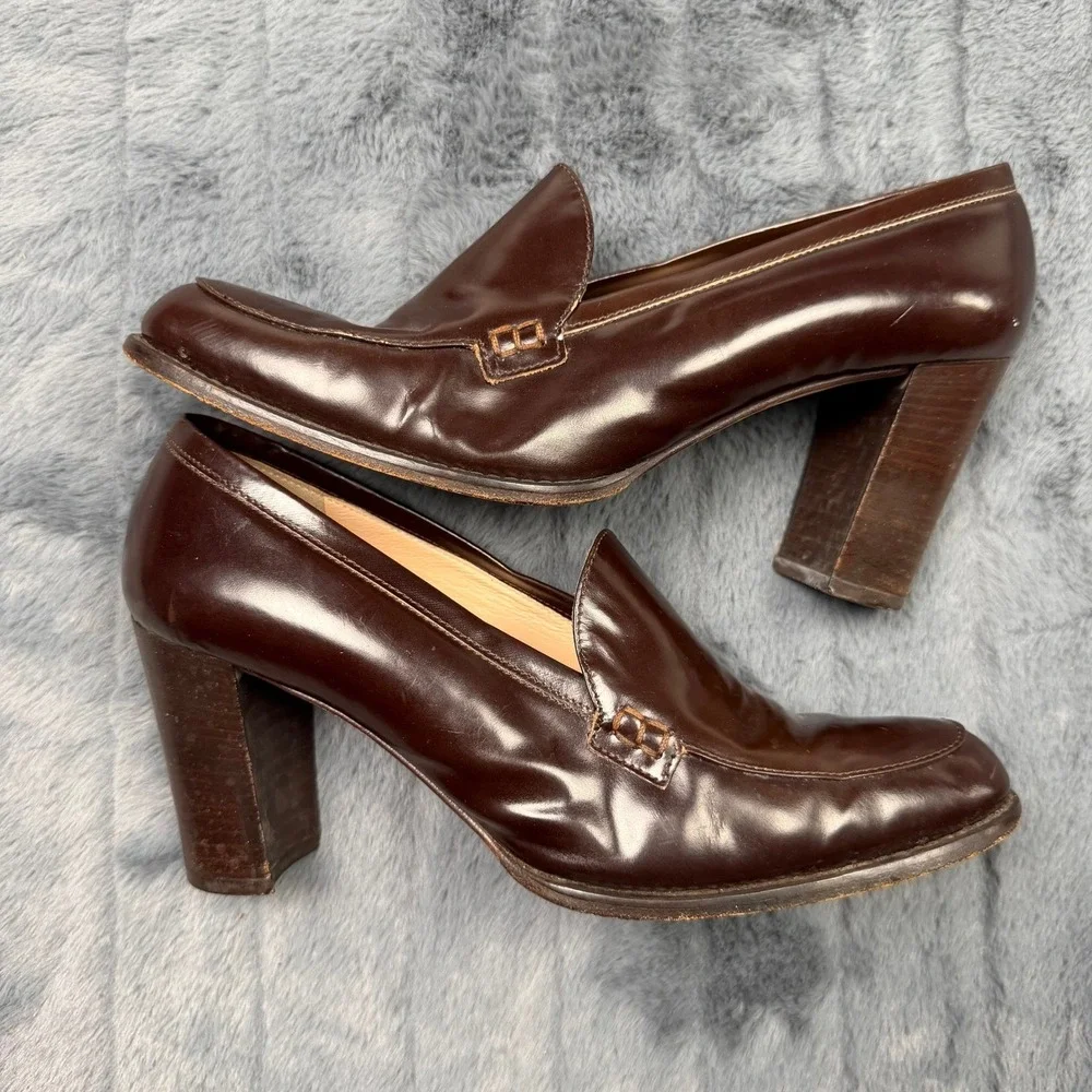 Anne Klein II Brown Leather Heeled Loafers Italy Vintage Pumps 9N